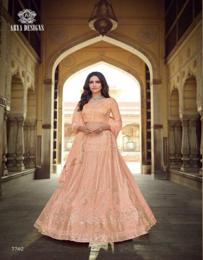 peach blouse - georgette | lehenga - georgette | dupatta - georgette | size - semi - stitched upto 42 inches bust & waist  fabric sequance + thread  work casual  