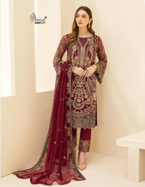 maroon top - fox georgette with heavy embroidery | bottom / inner - santoon | dupatta - embroidery najmin & net [ paksitani copy ] fabric heavy embroidery work casual  