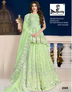 parrot green top - butterfly net | dupatta - net | bottom / inner - net work santoon [ pakistani copy ] fabric embroidery work festive 
