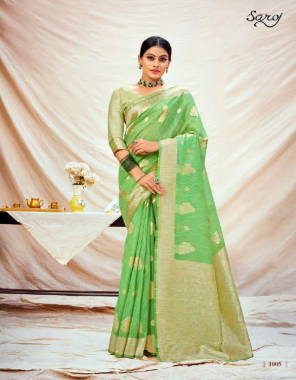 parrot green banarsi silk with weaving butta and chit pallu | blouse - banarsi silk fabric weaving work ethnic 
