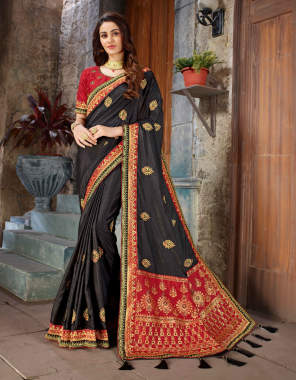 black saree - art silk | blouse - dhupion | saree length - 5.5 m | blouse length - 0.80 m [ master copy ] fabric embroidery work casual 