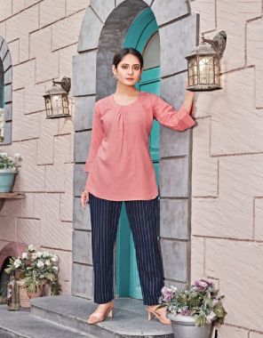 pink kurti - fancy rayon flex fabric | bottom - cotton stripes sleeves fabric fancy work work casual 