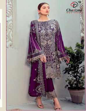 purple top - fox georgette with beautiful embroidery ( fully work ) | bottom - santoon patch work | dupatta - heavy chenone border embroidery work [ pakistani copy ] fabric embroidery  work casual 