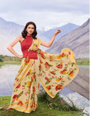 yellow georgette fabric printed work casual 
