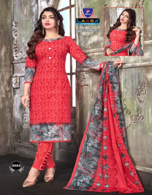 red cotton | top - 2.00 m | bottom - 2.0 m | dupatta - 2.0 m ( approx) fabric printed work casual 