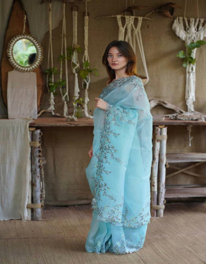 sky blue saree - premium organza silk saree ( 5.40 m length ) | blouse - satin banglori silk ( 0.80 m length ) [ master copy ] fabric embroidery work casual 