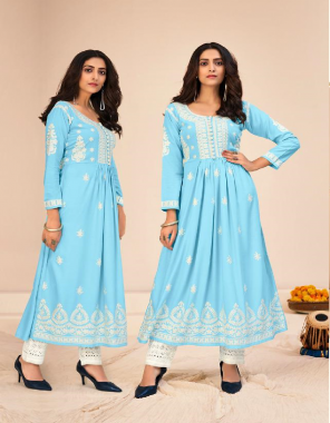 sky blue rayon fabric embroidery work casual 