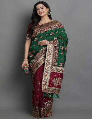 dark green saree - soft silk half half ( 5.50 m) | blouse - satan silk + heavy full embroidery ( 1.00 m)  fabric embroidery + diamond work + heavy jacquard lace + latkan  work casual 