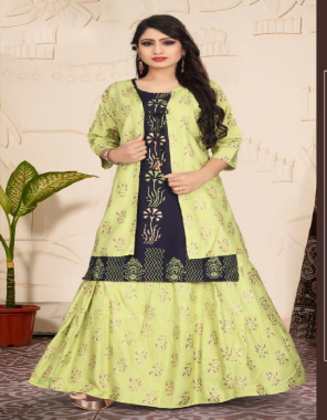 parrot green block work kurti with separate jacket gold foil screen work and golden foil screen work skirt fabric printed work casual 