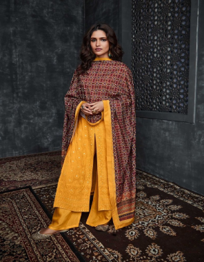 yellow top - bluming faux georgette with heavy lakhnavi work| bottom - pure maslin with full stitch | dupatta - maslin with digital print four side lace fabric heavy lakhnavi work work casual 