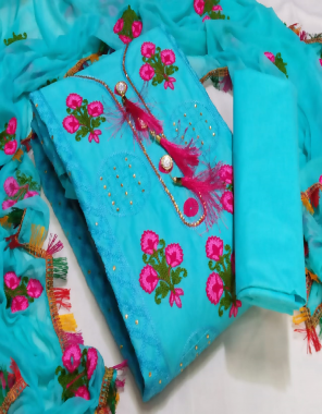 sky blue top - cotton with embroidery ( 2.20 m) | bottom - cotton blend ( 2m) | dupatta - chiffon ( 2.10 m) fabric embroidery work casual 