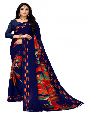 navy blue polyster | saree length - 5.5 m | blouse length - 0.80 m ( master copy )  fabric printed work ethnic 