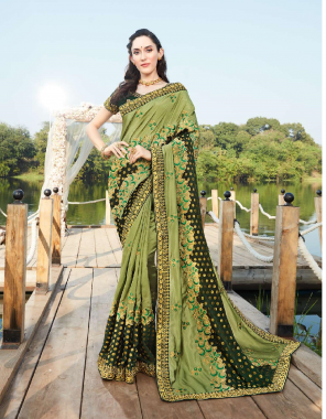 green p/c blooming vichitra with pure viscose  fabric embroidery work casual 
