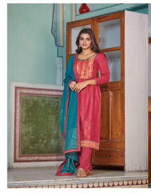 pink top - parampara silk 2mm sequance work with meenakari jacquard neck & lace | bottom - parampara silk | dupatta - pure modal 2mm sequance lining with four side work fabric sequance work + meena kari work party wear 