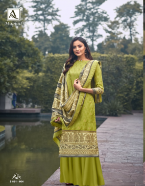 parrot green top - pure wool pashmina designer print with gold print touch | bottom - pure wool pashmina soild | dupatta - pure wool pashmina designer gold print dup with four side lace  fabric printed  work festive 