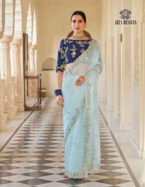 sky blue saree - organza | blouse - art silk | tafetta silk | soft net | velvet | organza fabric sequance thread zari work work casual 