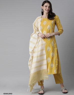 yellow cotton fabric printed work ethnic 