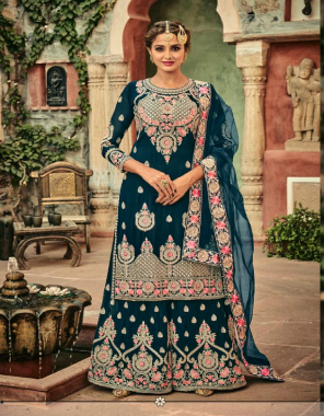 rama blue top - heavy blooming georgette with heavy exclusive embroidery with fancy diamond | dupatta - butterfly net with 4 side heavy embroidery lace & diamond work | bottom ( plazo ) - blooming georgette with heavy embroidery and diamond work | inner - dull santoon  fabric heavy embroidery work festive 