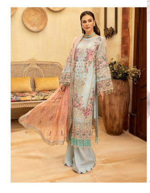 sky blue top - faux georgette with heavy embroidery with hand work | bottom - santoon | dupatta - butterfly net with heavy embrodiery and four side lace [ paksitani copy ] fabric heavy embroidery work casual 