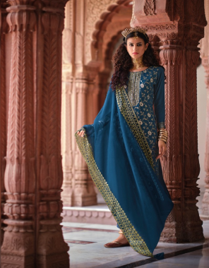 blue top - pure pashmina wovan with duble zarri jacquard with nack dalicate hand work | dupatta - pure organza with embroidery with scalping |  bottom - pure pashmina wovan jacquard  fabric jacquard work ethnic 
