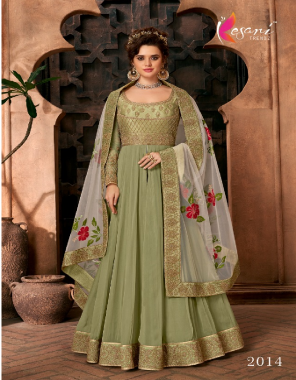 pastal green top ( gown ) - heavy blooming georgette with heavy embroidery work with diamond | inner - heavy dull santoon | dupatta - heavy butterfly net with heavy embroidery work with diamond | pant - heavy malbari with embroidery work fabric embroidery work festive 
