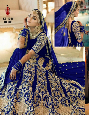 blue 9000 markable velvet + beautiful embroidery work fancy dori work + full on diamonds + with big can can and canvas added its to stand can can [ master copy ] fabric embroidery work  work wedding 
