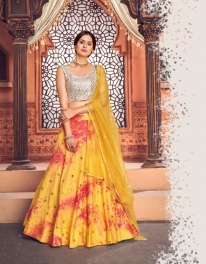 yellow lehenga - tafetta silk - cotton - length - 42 inch | choli - tafetta silk - rayon - art silk - length - 1 m | dupatta - net - length - 2.30 m | size - semi - stitched - upto 42 bust and waist  fabric metalic foil printed work + shibori print with sequance work + embroidery work casual 