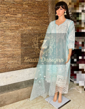 sky blue cotton fully embroidered kameez stitched cotton embroidered bottoms net embroidered dupatta [ pakistani copy ] fabric embroidery work casual 