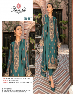 rama blue top - georgette with heavy embroidery | bottom - dull santoon | dupatta - nazmeen embroidery work [ pakistani copy ] fabric heavy embroidery work festive 