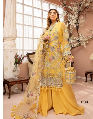 yellow top - georgette with heavy embroidery with latkan | bottom / inner - dull santoon | dupatta - butterfly net with heavy embroidery n latkan [ pakistani copy ] fabric heavy embroidery work festive 