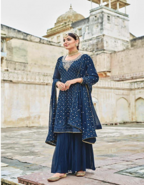 blue top - ( stiched free size ) heavy real georgette with heavy exclusive embroidery with fancy diamond & tikli work | bottom ( garara stitch ) - heavy real blooming georgette with playing style stitch | dupatta - heavy  real blooming georgette with embroidery fabric embroidery work causal 