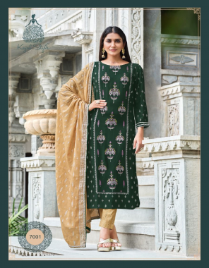 dark green heavy rayon | cotton printed dupatta | rayon lycra pant | length - 46 fabric embroidery + hand work work casual 