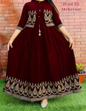 maroon gown - 14kg rayon with foil print | jacket - 14kg rayon removable jacket | gown flair - 2.40m full flair | length - 44 fabric foil print work casual 