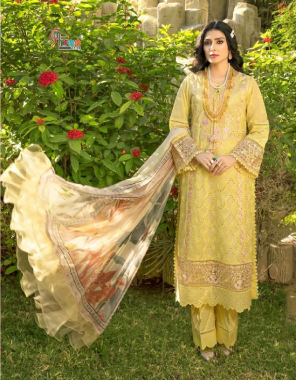 yellow top - pure lawn with self embroidery | bottom - semi lawn | dupatta - chiffon digital print [ pakistani copy ] fabric embroidery work running 
