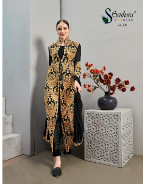 black upper dress - koti concept faux georgette with embroidery work + heavy stone work | inner dress - straight dress plain georgette | inner - santoon | bottom -santoon | dupatta - georgette with lace border  fabric embroidery work festive 