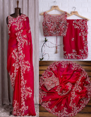red saree - heavy kasturi silk georgette ( 5.50m) | blouse - heavy kasturi silk georgette ( 0.90m) | blouse type - front work & unstitched fabric embroidery work festive 
