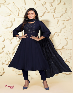 navy blue flair kurtis with sequance embroidery and sequance dupatta  fabric embroidery work casual 