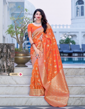 orange banarasi soft silk fabric jacquard + weaving work festive 