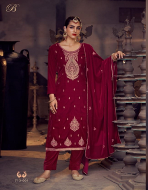 maroon top - 100 % pure velvet with exclusive heavy coding embroidery ( 2.50m) | dupatta - 100% pure velvet stole with embroidery work ( 2.30m) | bottom - 100 % pure heavy viscose rayon pashmina ( 3m) fabric embroidery work festive 