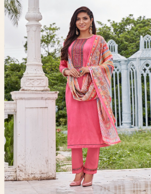pink top - fancy lining silk with 2mm sequance work neck | bottom - heavy airjet rayon with work pant | dupatta - fancy digital strap dupatta with four side lace work fabric sequance work  work casual 