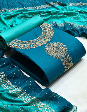 rama blue top - cotton with codding work neck ( 2m) | bottom - cotton ( 2 m) | dupatta - cotton silk with foil work ( 2.20m) fabric codding work work casual 