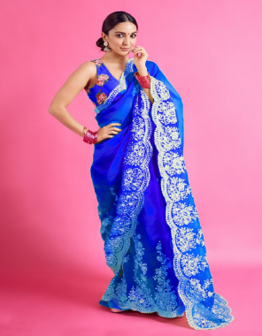 blue saree - organza | blouse - banglory silk fabric embroidery work casual 