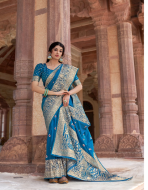 rama blue soft banarasi silk fabric jacquard + weaving work casual 