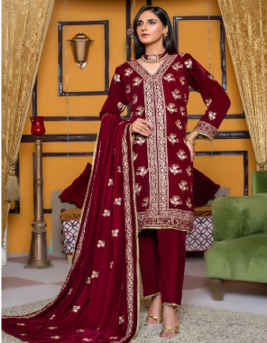 maroon top - pure velvet with embroidery | bottom - pure viscose pashmina | dupatta - pure velvet with embroidery [ pakistani copy ] fabric embroidery work party wear 