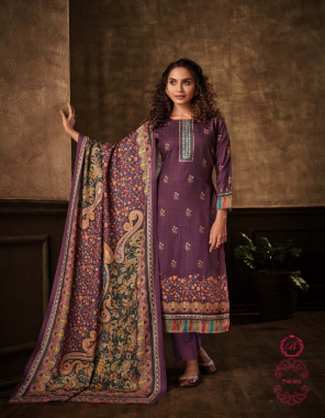 purple top - 100% pure pashmina with exclusive digital print ( 2.50m) | dupatta - 100 % pure pashmina shawl exclusive box pallu dupatta with 4 side lace ( 2.30m) | bottom - pure pashmina spun ( 3 m) fabric digital printed work casual 