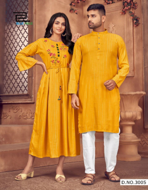 yellow fabric - rayon lurex | kurti women ( gown length 50) | kurta - man ( length - 42 ) | men size - 38 ( m) | 40 ( l) | 42 ( xl ) | 44 ( 2xl) fabric embroidery work festive 