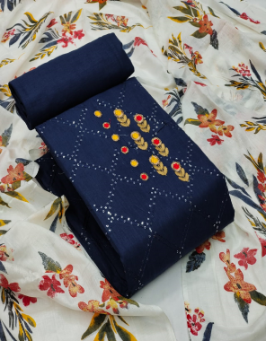 navy blue top - pure cotton print + embroidery work ( 2.30m) | bottom - pure cotton ( 2.50m) | dupatta - cotton fancy printed dupatta ( 2.25m) fabric printed work ethnic 