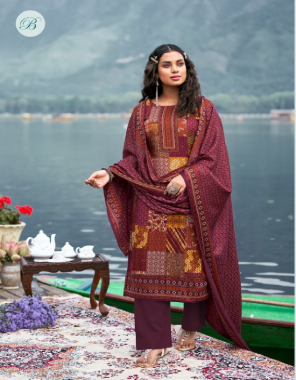 maroon top - 100% pure pashmina with digital style prints ( 2.50m) | dupatta - 100% pure pashmina shawl with 4 side lace ( 2.30m) | bottom - pure pashmina spun ( 3m) fabric digital print work casual 