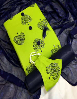 parrot green top - cotton slub printed with button abd zalar ( 2 m) | bottom - pure indo cotton ( 2 m) | dupatta - nazneen printed ( 2.05 to 2.10m) fabric printed work festive 