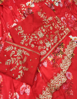red fabric - vichitra silk with digital print | blouse - satin banglory with embroidery sequance | saree length - 5.5m | blouse - 0.80 m fabric embroidery + sequance with coding work casual 